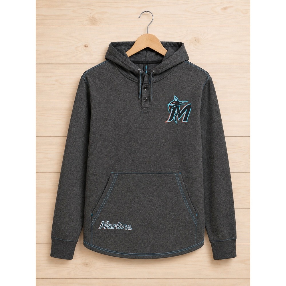 MLB Miami Marlins True Fan Hoodie Pullover Gray Men's Medium NWT Button Neck